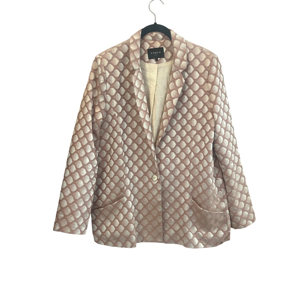 French Paris Women Rose Gold Jacquard Geometric Blazer Single Button Jacket L